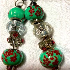 Green bead, crystal, red and silver earrings #025